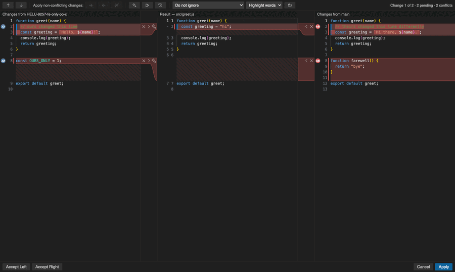 MergeForge in VS Code: your version, the editable result, and theirs, scrolled together.