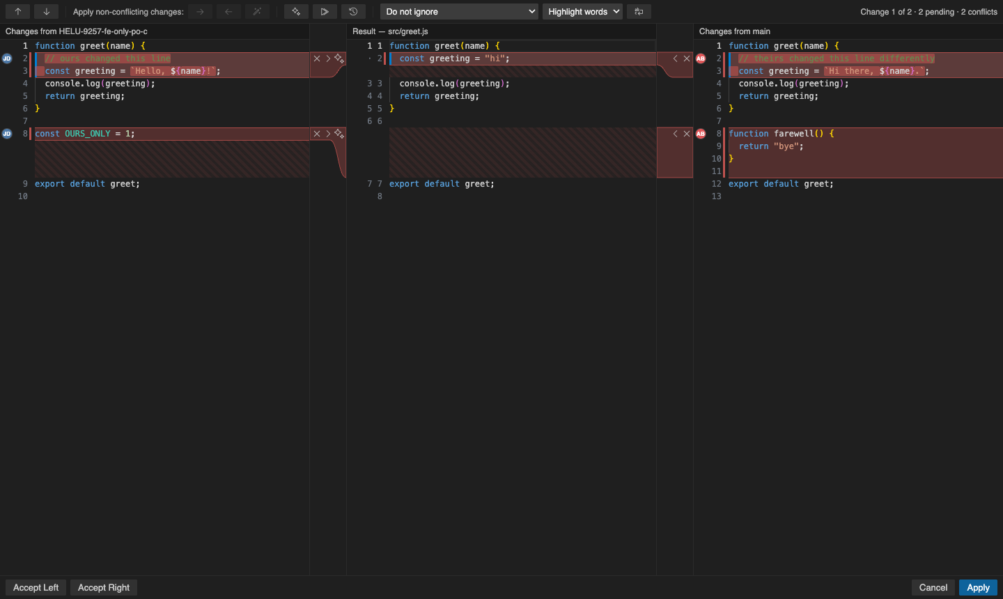 MergeForge three-pane merge editor